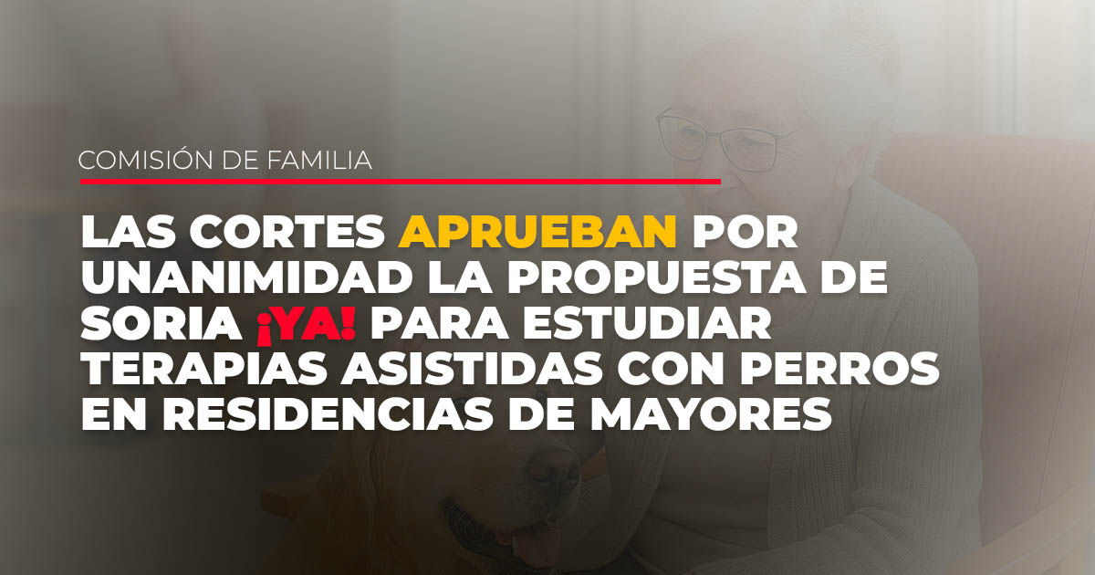 Las Cortes aprueban por unanimidad la propuesta de Soria YA para estudiar terapias asistidas con perros en residencias de mayores